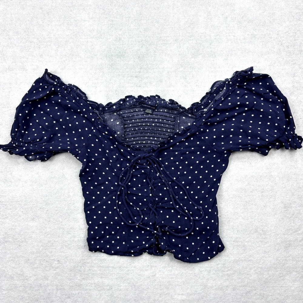 American Eagle Navy Polka Dot Off The Shoulder Lace Up Crop Top Blouse Small